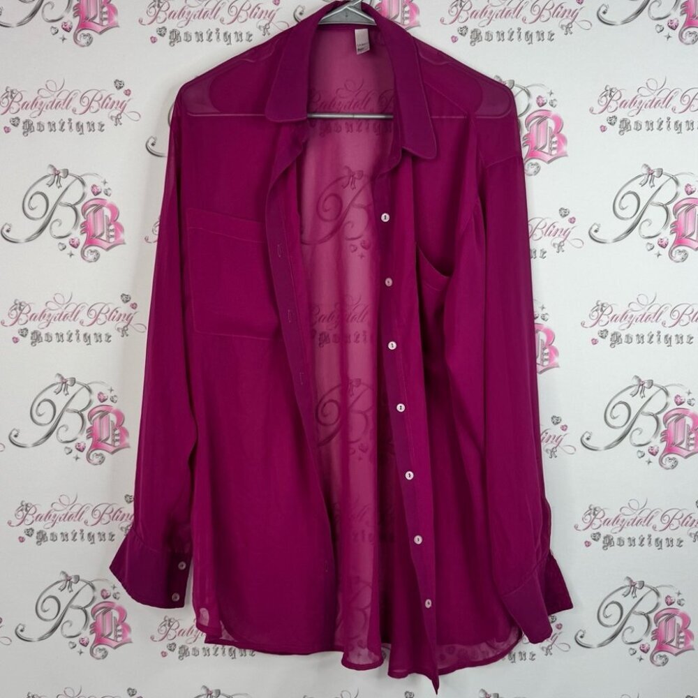American Apparel chiffon long sleeve cardigan Magenta Button Down Shirt